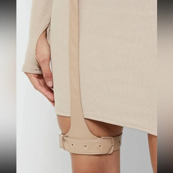 Maniere De Voir NWT Beige Cutout 2-Piece Ribbed Knit Mini Dress - Picture 5 of 8